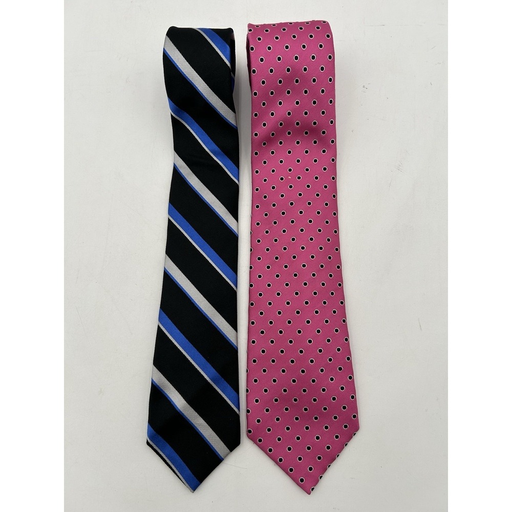Lot of 2 Chaps Ties Black w/Blue-Gray Diagonal Stripes Pink w/ Black Polka Dots
